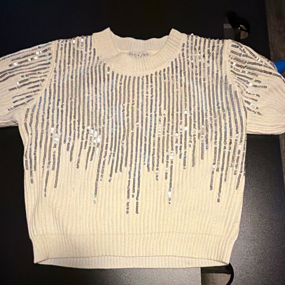 SHE+SKY Women’s Sequin Knit Sweater Top Ivory Silver Sparkle Glam Size M